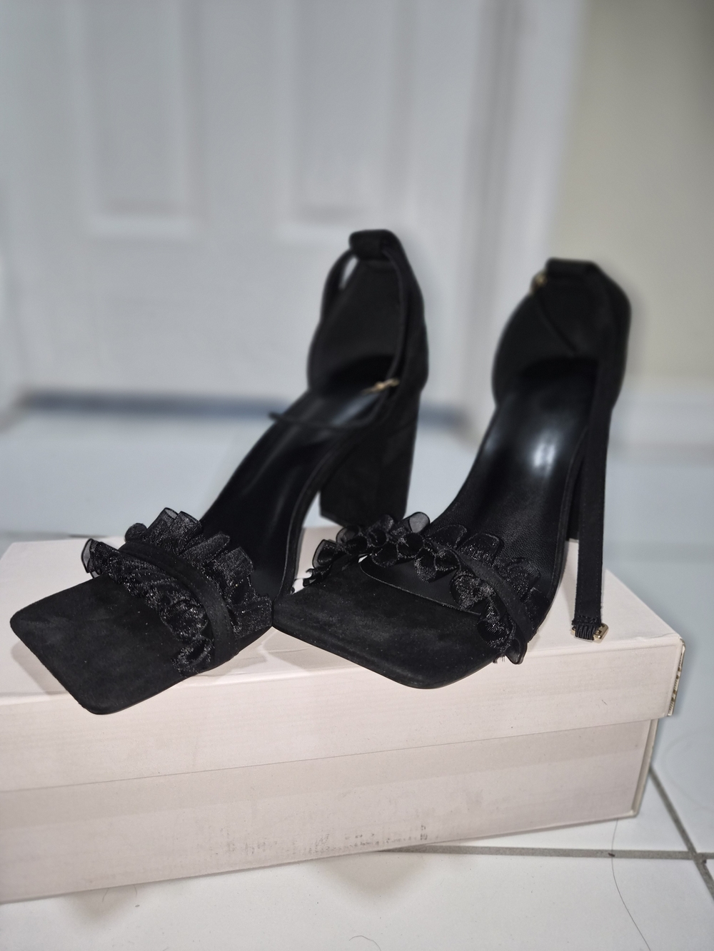 Black Ruffle Strap High Heel Sandals - Women's Dress Shoes